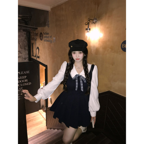 安妮不火 学院风TR面料娃娃领百褶连衣裙女微胖大码收腰公主短裙