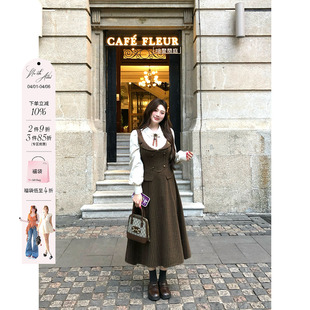 安妮不火 收腰气质长裙子 英伦风假两件条纹呢子连衣裙女微胖大码