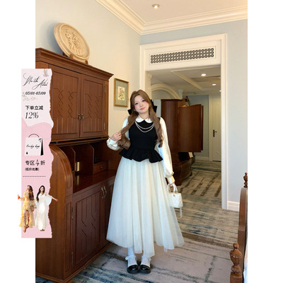 安妮不火 重磅款千金风撞色网纱连衣裙女微胖大码拼接荷叶边裙子