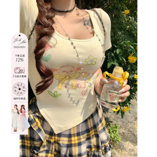 短袖 微胖大码 新款 安妮不火卷毛烘焙童趣羊咩咩印花针织T恤女夏季