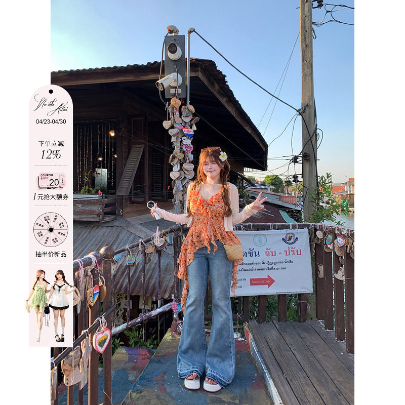 安妮不火 复古甜辣风蝴蝶结口袋喇叭牛仔裤女微胖收腰大码微喇裤