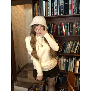 安妮不火 设计感古早堆堆领蝙蝠袖毛织衫女微胖大码收腰气质上衣