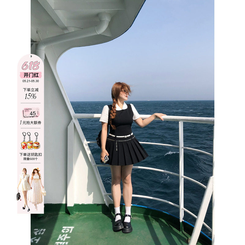 安妮不火济州文学系学院风假两件连衣裙女微胖大码韩版女主小黑裙