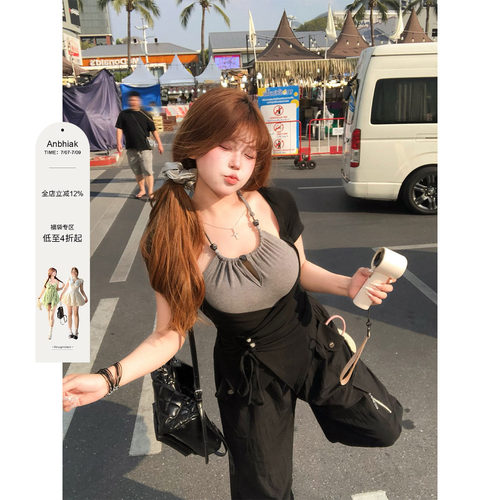安妮不火 串珠绑带撞色假两件高弹针织T恤女微胖大码拼接收腰上衣