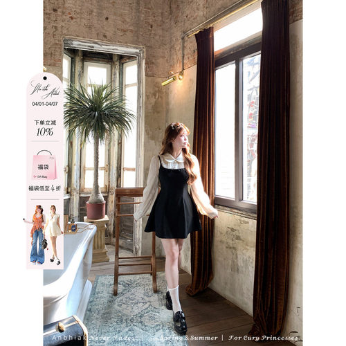 安妮不火 臻版4.0TR面料假两件宫廷小黑裙女微胖大码学院风收腰裙