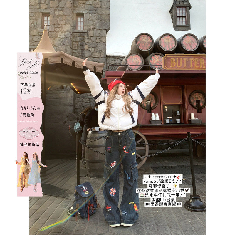 安妮不火 美式图章印花多口袋直筒牛仔裤女微胖大码痞酷牛仔裤子