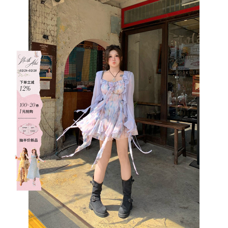 安妮不火 氛围感油画碎花雪纺裙女2025春夏新款微胖大码吊带裙子