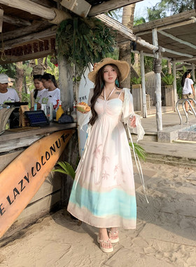 安妮不火 海岛印花雪纺连衣裙女2025春夏新款微胖大码渡假吊带裙