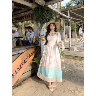 安妮不火 海岛印花雪纺连衣裙女2025春夏新款微胖大码渡假吊带裙