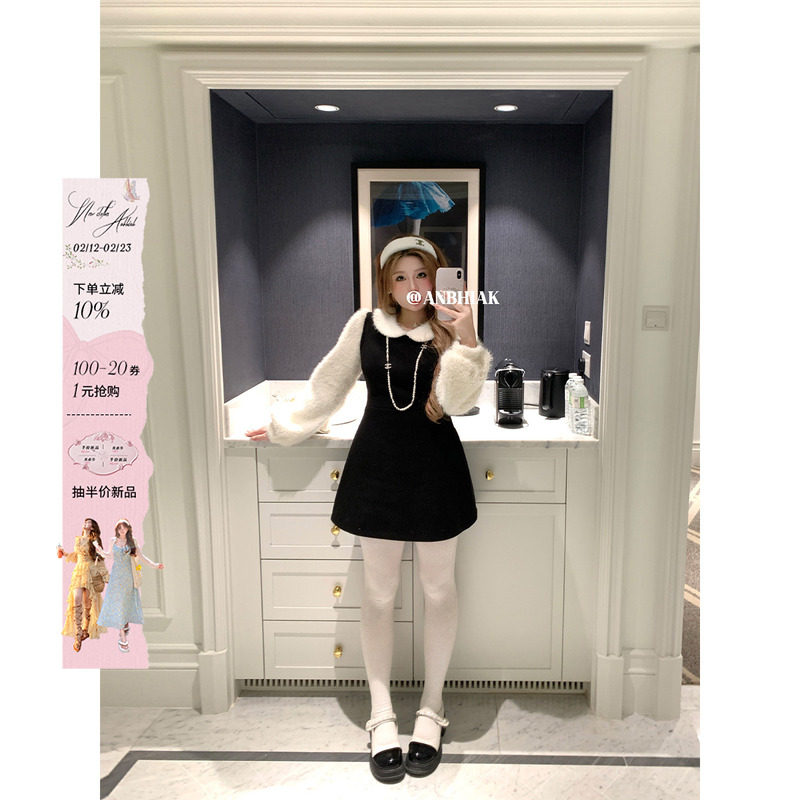 安妮不火 撞色微米短绒拼接呢子连衣裙女微胖大码假两件收腰裙子