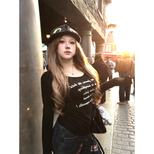 安妮不火 休闲风丝网字母印花缩褶收腰T恤女微胖大码内搭长袖上衣