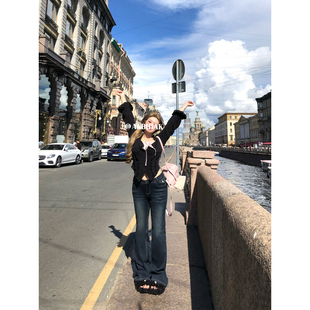 安妮不火 丹尼沙漏V腰微喇牛仔裤女2025秋微胖大码3D蜜桃臀微喇裤