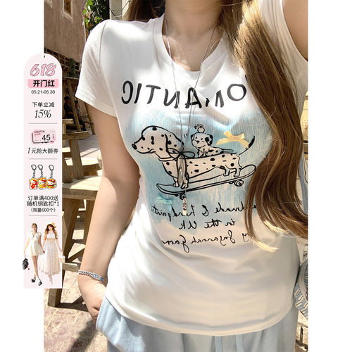 安妮不火 氣水海盐番甜酷斑点狗印花T恤女夏微胖大码收腰短袖上衣