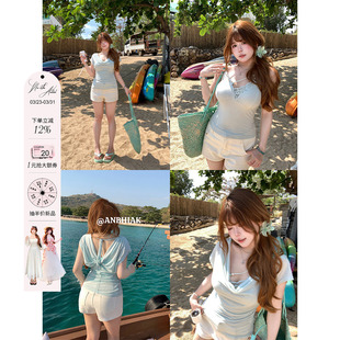 收腰荡领小上衣 T恤&蕾丝吊带女微胖大码 安妮不火 纯欲堆堆领罩衫