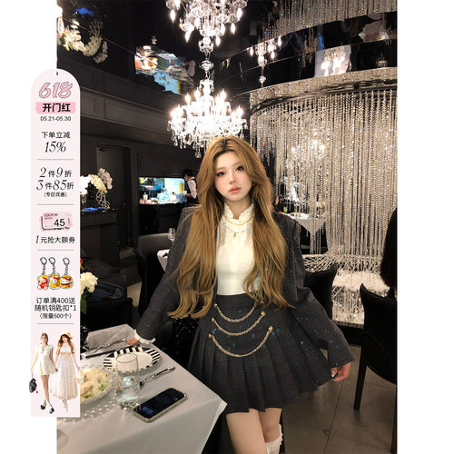 安妮不火星夜笔记小香风套装女微胖大码细闪千鸟格西装百褶裙套组