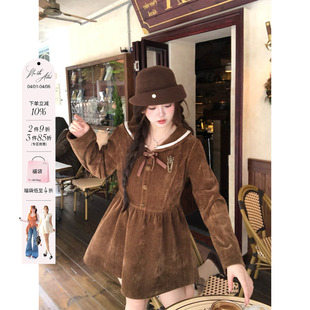 安妮不火 保暖收腰连衣裙 灯芯绒复合银狐绒海军领短裙女微胖大码