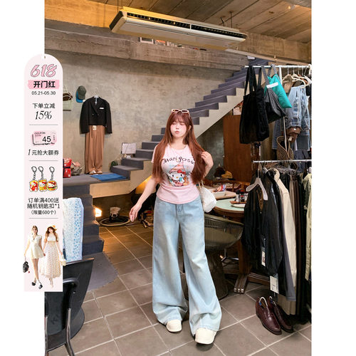 安妮不火 洗水做旧kitty提花牛仔阔腿裤女微胖大码宽松显瘦牛仔裤