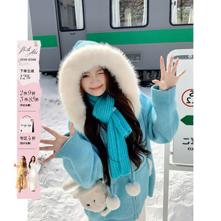 安妮不火 甜美连帽毛领北极绒毛织外套女微胖大码大毛领毛织开衫