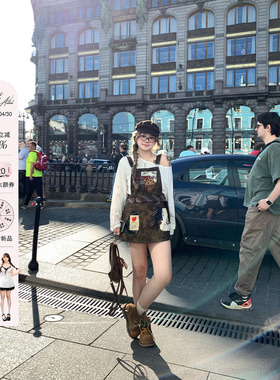 安妮不火  巴恩荒原蜡感做旧皮裙女2026春新款微胖大码美式背带裙