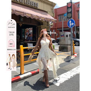 安妮不火 波西米亚风贝壳印花雪纺吊带裙女微胖大码度假风连衣裙