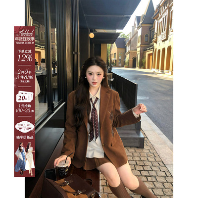 安妮不火 减龄学院风格纹贴布绣三件套女微胖大码灯芯绒西装外套