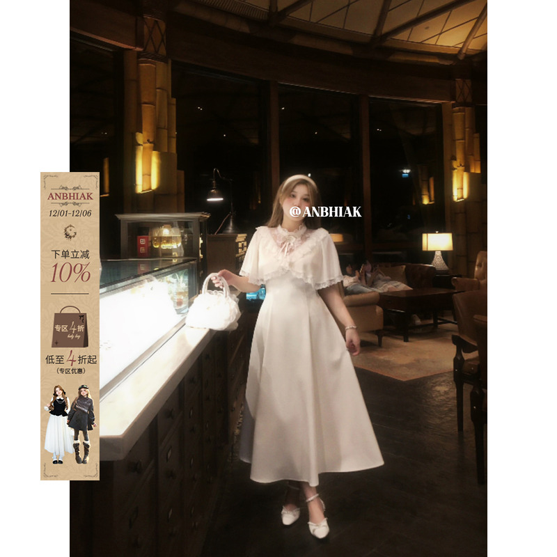 安妮不火木梨花缎带结甜美系斗篷千金裙女夏季新款微胖大码公主裙
