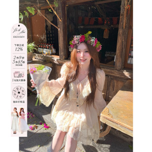 安妮不火荷叶边蕾丝拼接V领雪纺A字连衣裙微胖大码 收腰少女裙 法式