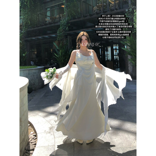 安妮不火 白月光缎面连衣裙礼服女2025春夏新款微胖大码收腰长裙