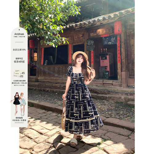 安妮不火 棉制格纹橡筋腰蕾丝花边连衣裙女微胖大码收腰显瘦裙子