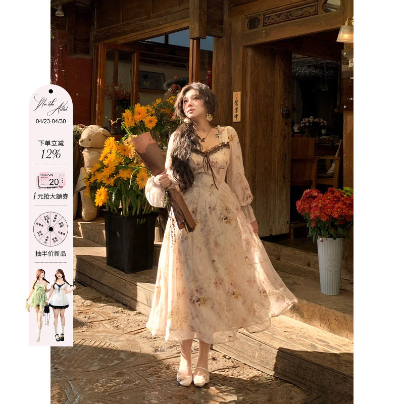 安妮不火 蕾丝边碎花雪纺连衣裙女2025早春新款微胖大码温柔裙子