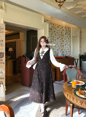 安妮不火 雪尼尔蕾丝拼接娃娃领连衣裙女微胖大码假两件气质裙子