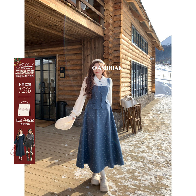 安妮不火 假两件毛绒针织拼接呢料连衣裙女微胖大码灯笼袖背带裙