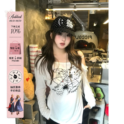 安妮不火 喵叽契约甜酷kitty印花露肩罩衫女微胖大码宽松显瘦上衣