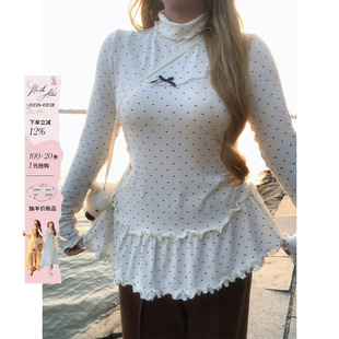 安妮不火 甜美系波点印花蕾丝花边针织衫女微胖大码可爱长袖上衣