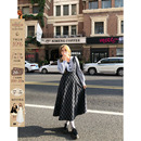 安妮不火 假两件收腰裙 文艺复古海军领格纹拼接连衣裙女微胖大码