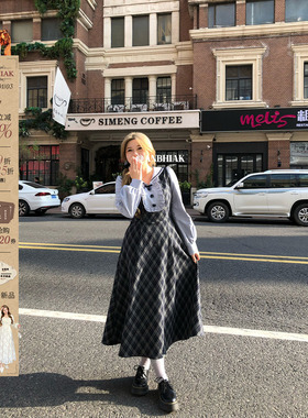 安妮不火 文艺复古海军领格纹拼接连衣裙女微胖大码假两件收腰裙