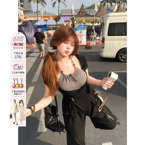 安妮不火 串珠绑带撞色假两件高弹针织T恤女微胖大码拼接收腰上衣