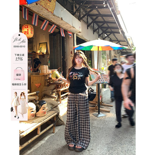 安妮不火蕾丝拼接色织格子抽绳休闲长裤女微胖大码宽松显瘦格纹裤