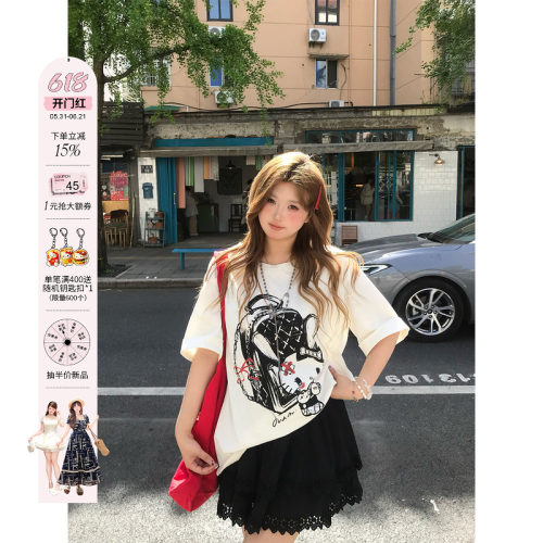 安妮不火 甜睫漫刊甜酷kitty印花针织T恤女微胖大码宽松短袖上衣