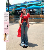 不规则裙子 微胖大码 安妮不火度假风开叉红色连衣裙女2024夏季 新款