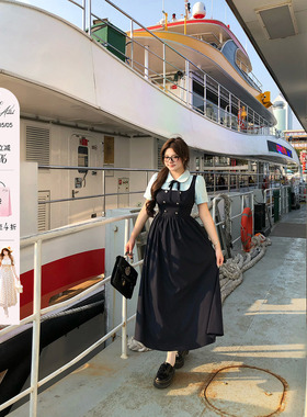 安妮不火航海手札英伦学院风撞色连衣裙女微胖大码收腰假两件裙子