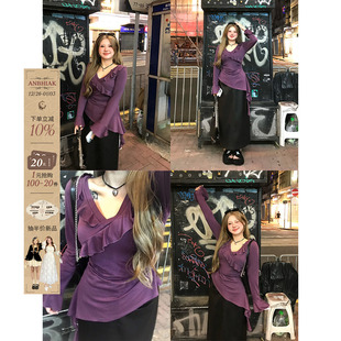 微胖大码 女2025早秋新款 上衣 纯欲风荷叶边V领显瘦针织衫 安妮不火