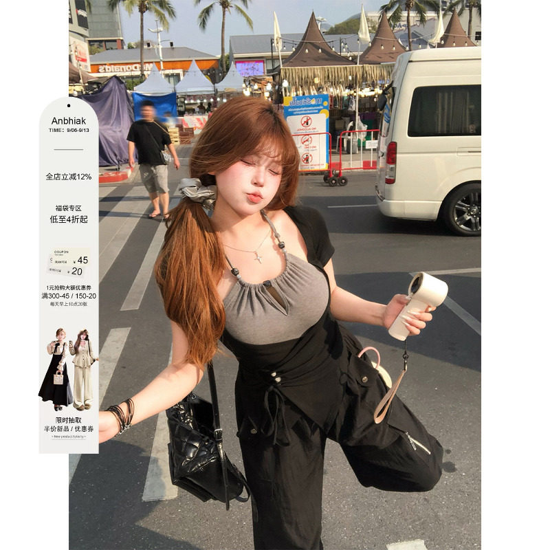 安妮不火 串珠绑带撞色假两件高弹针织T恤女微胖大码拼接收腰上衣图片