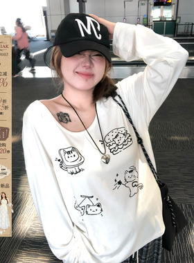 安妮不火 慵懒风宽松趣味印花T恤女2025秋季新款微胖大码长袖上衣