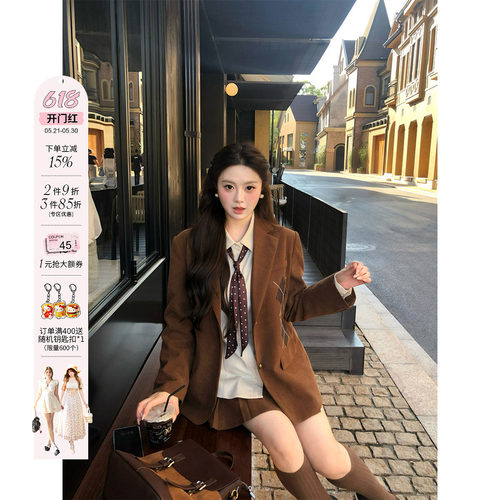 安妮不火 减龄学院风格纹贴布绣三件套女微胖大码灯芯绒西装外套
