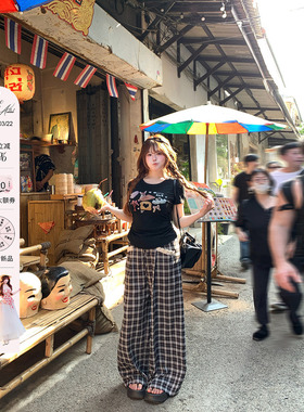 安妮不火蕾丝拼接色织格子抽绳休闲长裤女微胖大码宽松显瘦格纹裤