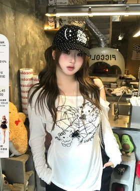 安妮不火 喵叽契约甜酷kitty印花露肩罩衫女微胖大码宽松显瘦上衣