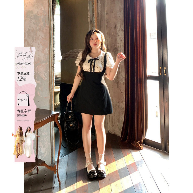 安妮不火 学院风娃娃领连衣裙女2024夏季新款微胖大码短袖小裙子