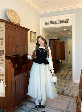 安妮不火 重磅款千金风撞色网纱连衣裙女微胖大码拼接荷叶边裙子