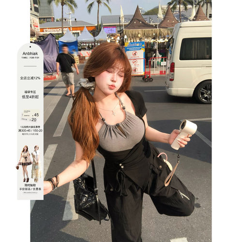 安妮不火 串珠绑带撞色假两件高弹针织T恤女微胖大码拼接收腰上衣